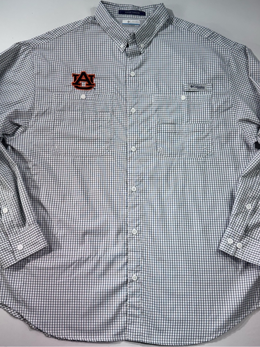 COLUMBIA Mens PFG Super Tamiami, Auburn Logo, NCAA, Blue/White Micro-Checks, XL